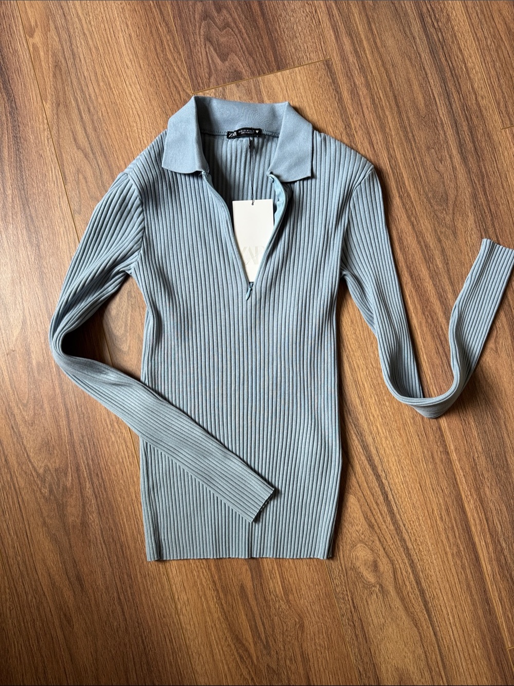 NWT Zara Ribbed Polo Zip Sweater - Light Blue size M